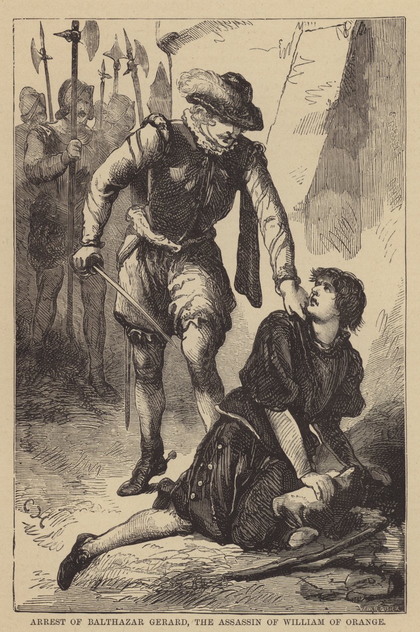 Arresto de Balthazar Gerard, el asesino de Guillermo de Orange (grabado) de English School