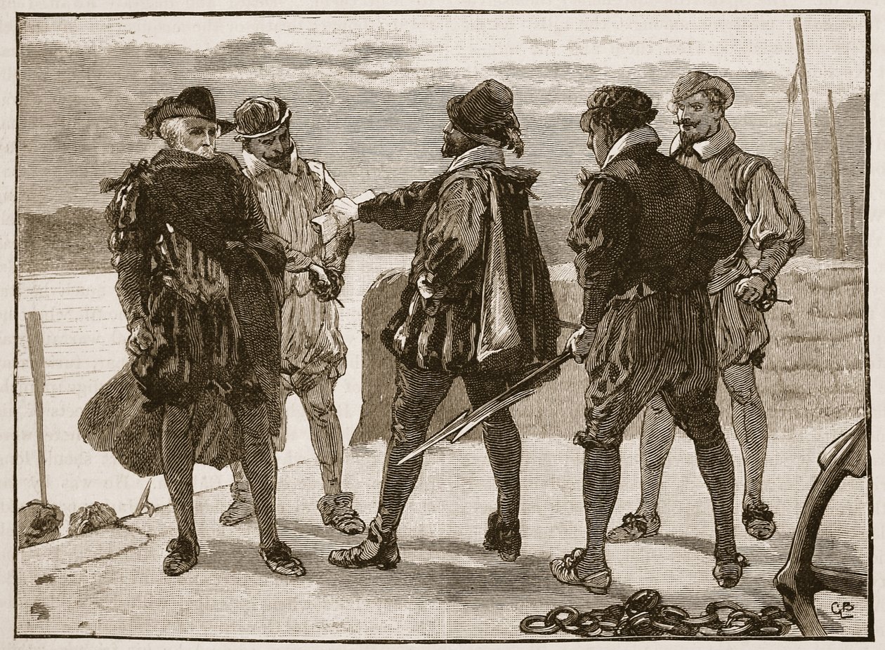 Arresto de Sir Walter Raleigh, ilustración de la Historia Ilustrada de Inglaterra de Cassell de English School