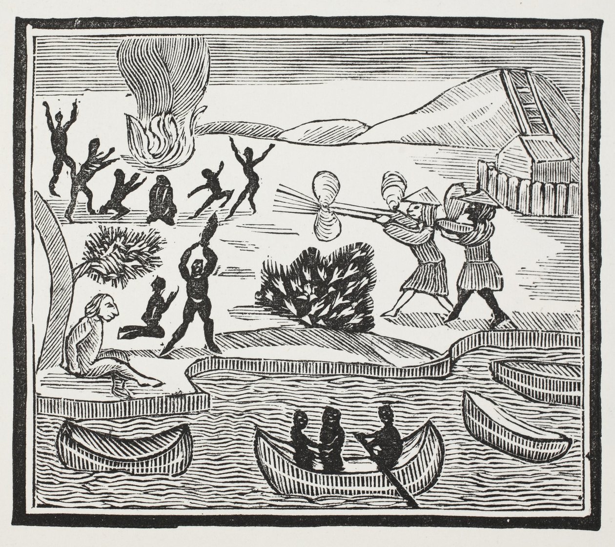 Llegada de salvajes con prisionero cristiano, ilustración de Chap-books del siglo XVIII de John Ashton, pub. 1882 de English School