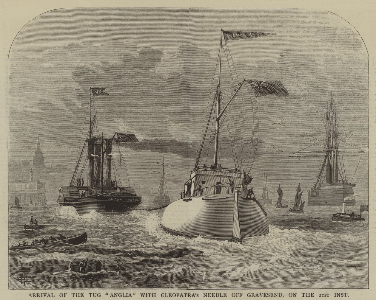 Llegada del remolcador "Anglia" con la aguja de Cleopatra frente a Gravesend, el 21 de inst (grabado) de English School