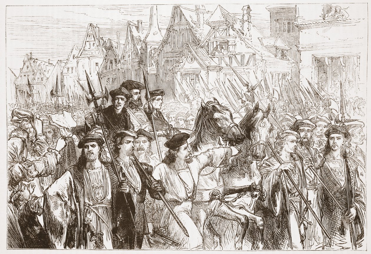 Llegada de los teólogos de Wittemberg a Leipzig, ilustración de La Historia del Protestantismo de James Aitken Wylie, pub. 1878 de English School