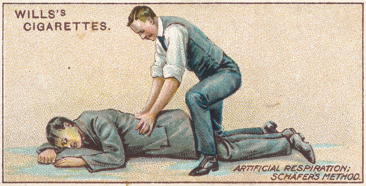 Respiración artificial, método de Schafer, no.25 de la serie de primeros auxilios de las tarjetas de cigarrillos de Willss, 1913 de English School