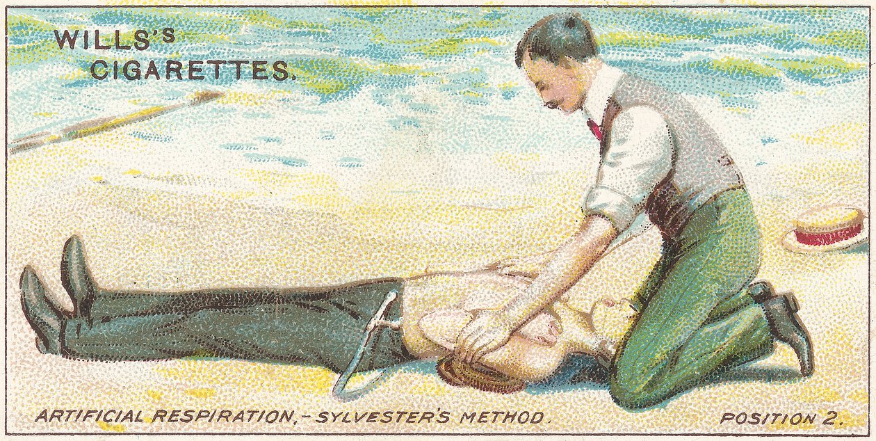 Respiración artificial, método de Sylvester - Posición 2, no.17 de la serie de primeros auxilios de las tarjetas de cigarrillos de Willss, 1913 de English School
