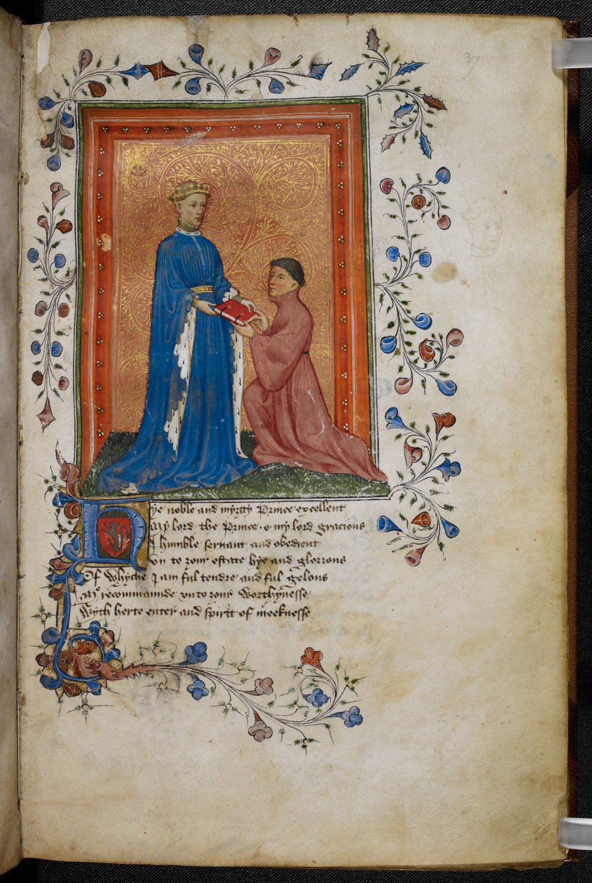 Arundel 38 f.37 Thomas Hoccleve presentando su libro `Regement of Princes