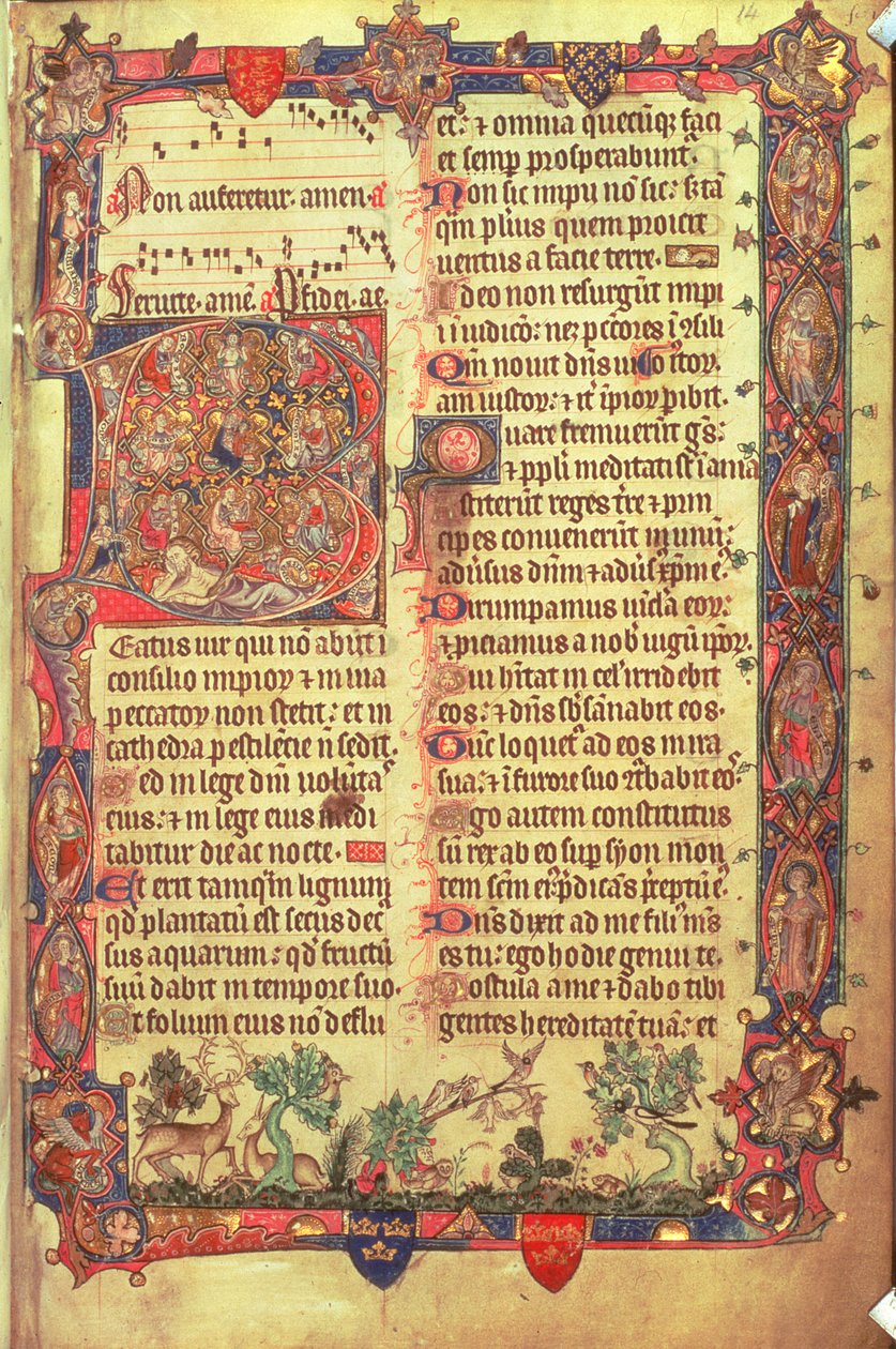 Arundel 83 f.14 Ciervos y pájaros, del Salterio de Arundel, c.1310 (vitela) de English School