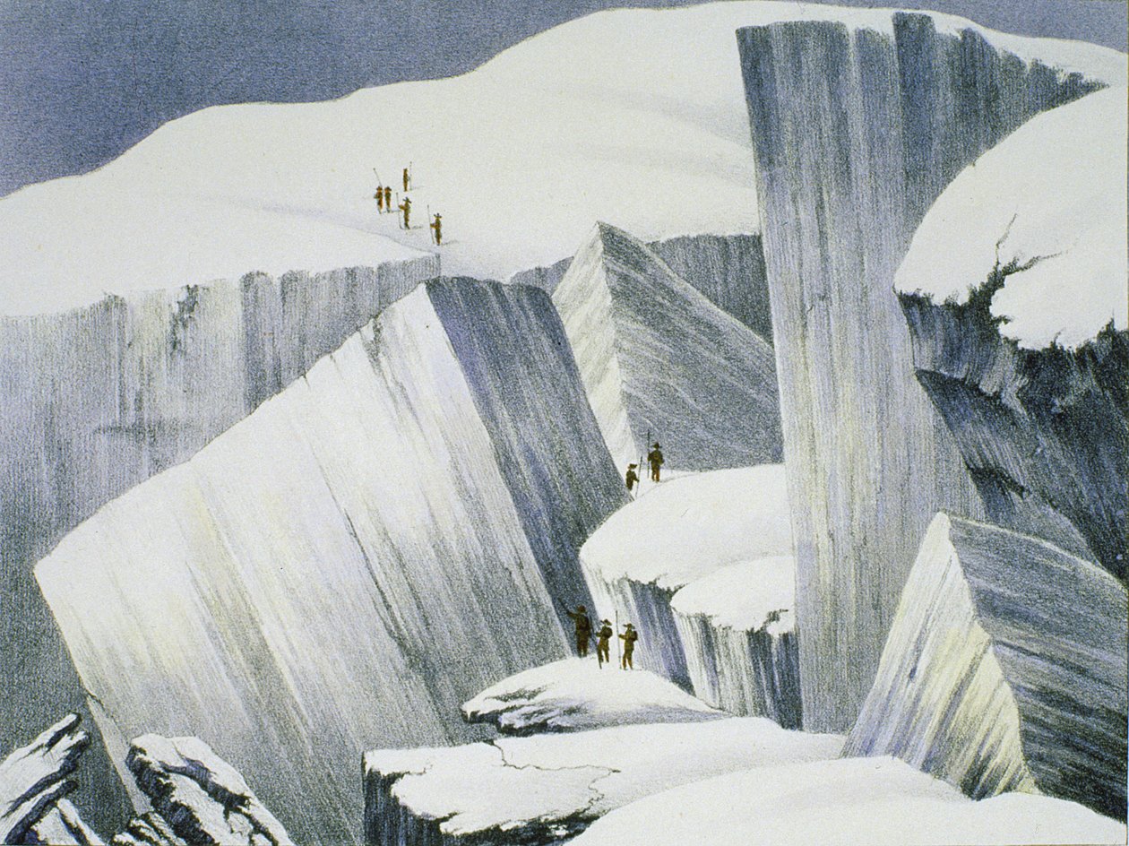 Ascendiendo un acantilado, de A Narrative of an Ascent to the Summit of Mont Blanc por Charles Fellows, publicada en 1827 de English School