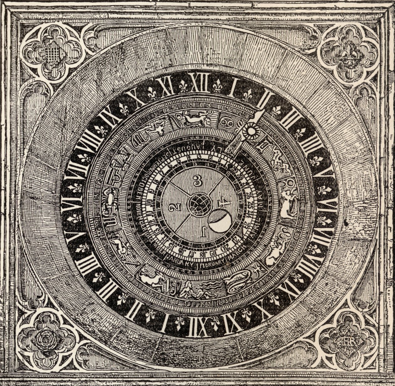 Reloj astronómico en el Palacio de Hampton Court, de la Historia del Palacio de Hampton Court en Tiempos Tudor por Ernest Law, publicado en Londres 1885 de English School