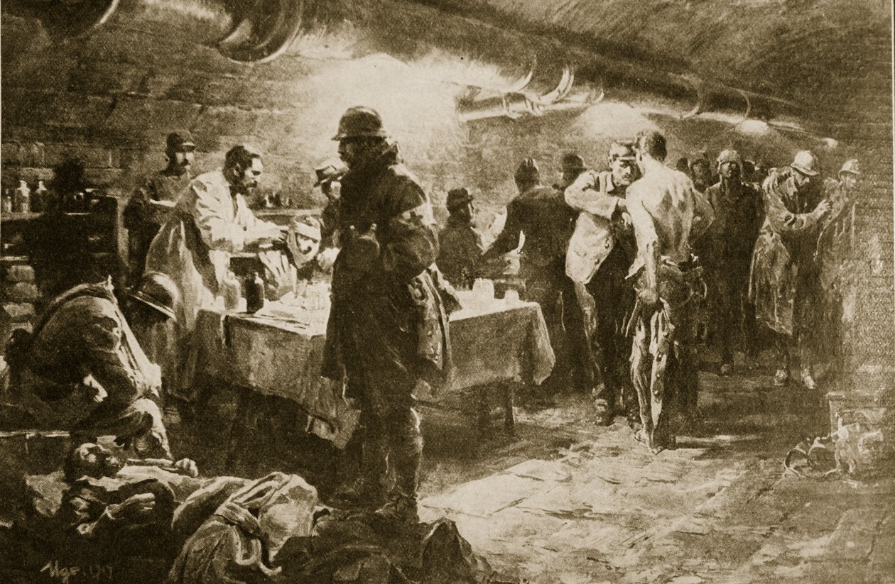 Trabajando en un puesto de ayuda en un sótano bajo un fuerte de Verdún, 1914-19 de English School