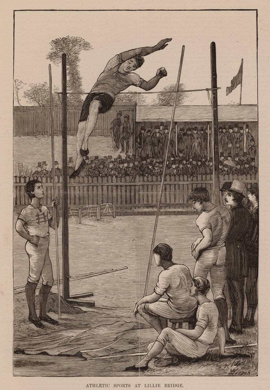 Deportes atléticos en Little Bridge, "Salto con pértiga" (grabado) de English School