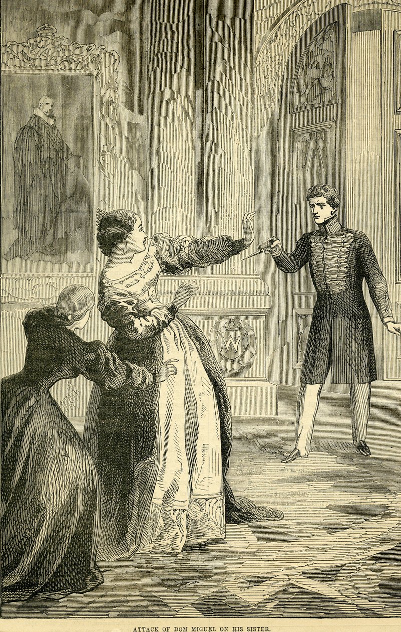 Ataque de Don Miguel a su Hermana, tomado de Cassells Illustrated History of England, 1857-1858 de English School