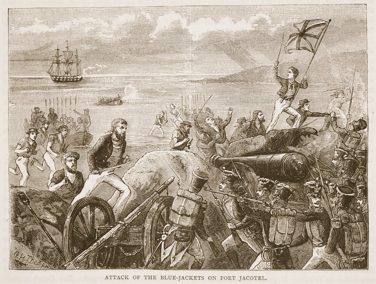 Ataque de los marineros en Port Jacotel, ilustración de Cassells Illustrated History of India de James Grant, pub. 1879 de English School