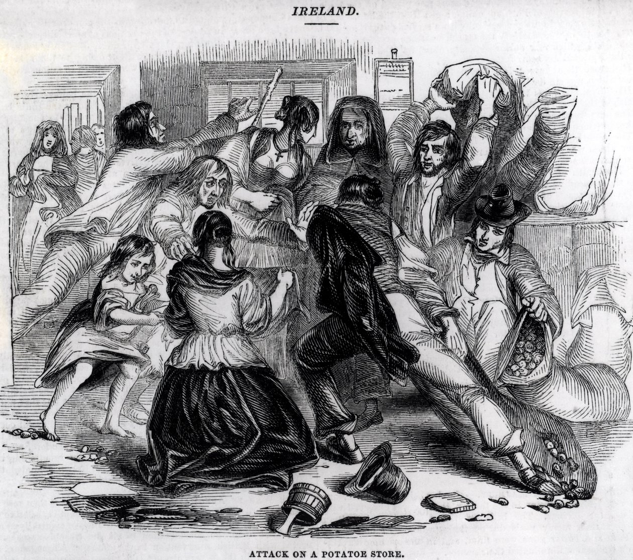 Ataque a un almacén de papas en Irlanda, c.1845 de English School