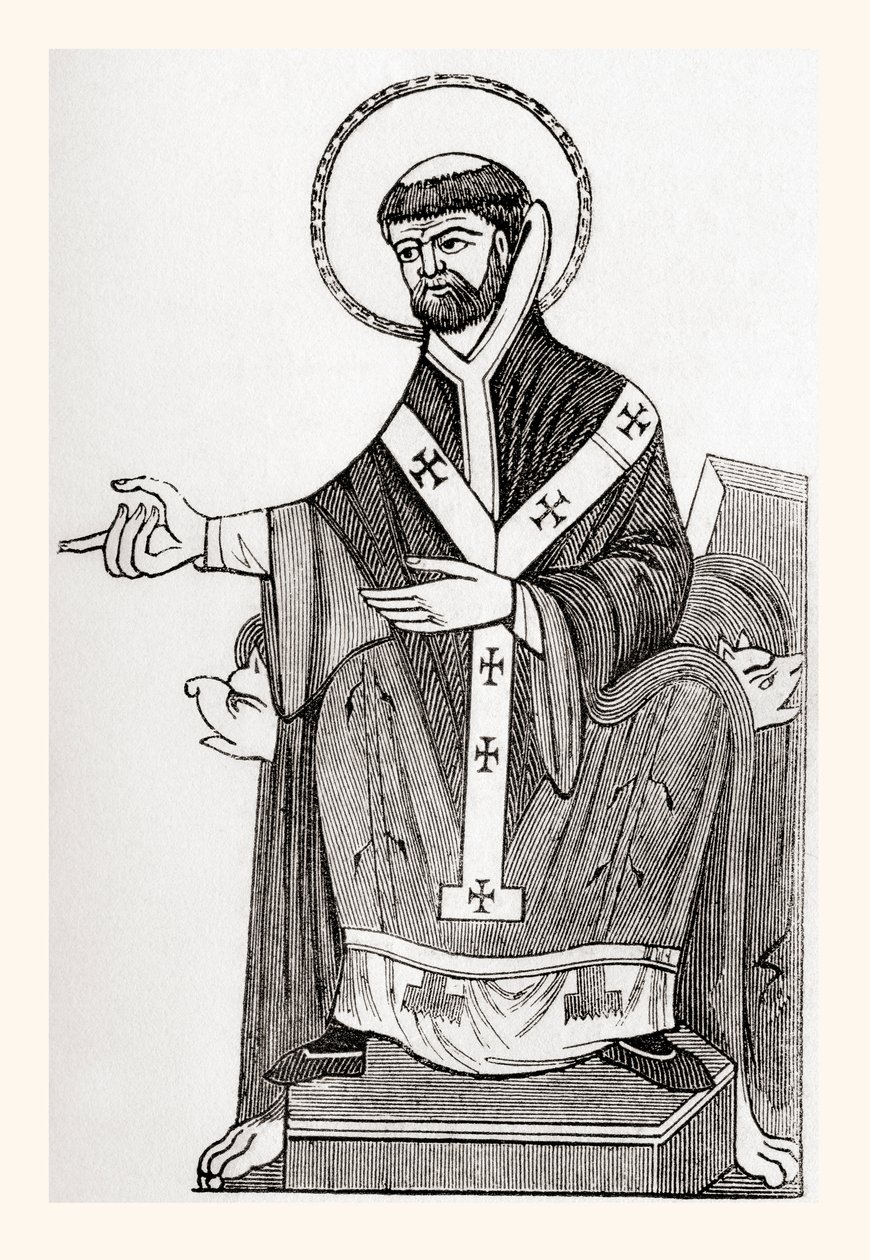 Agustín de Canterbury, monje benedictino católico del siglo VI que se convirtió en el primer arzobispo de Canterbury, de la Vieja Inglaterra: A Pictorial Museum, publicado en 1847 de English School
