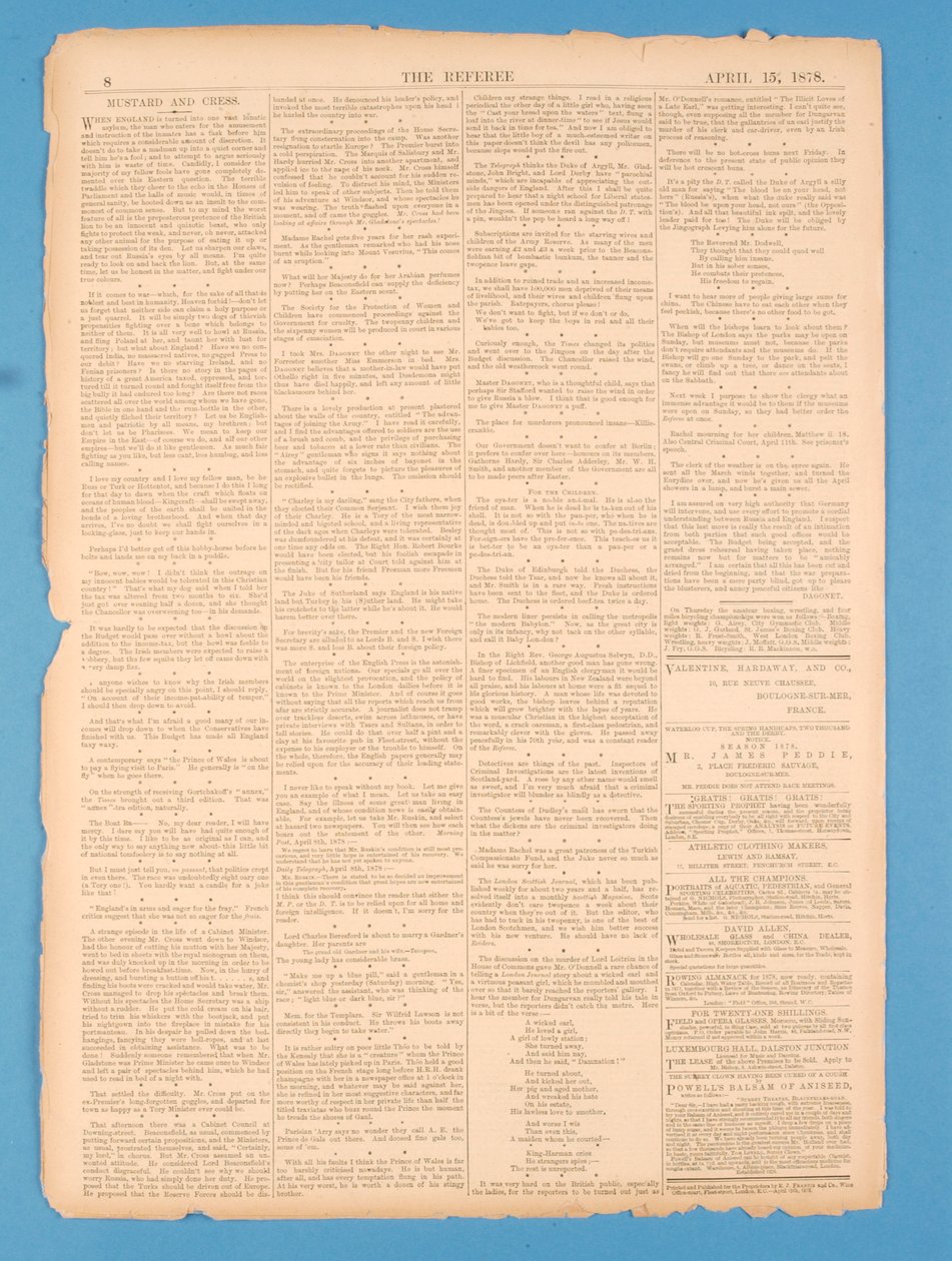 Última página de The Referee, no.35. 15 de abril de 1878 de English School