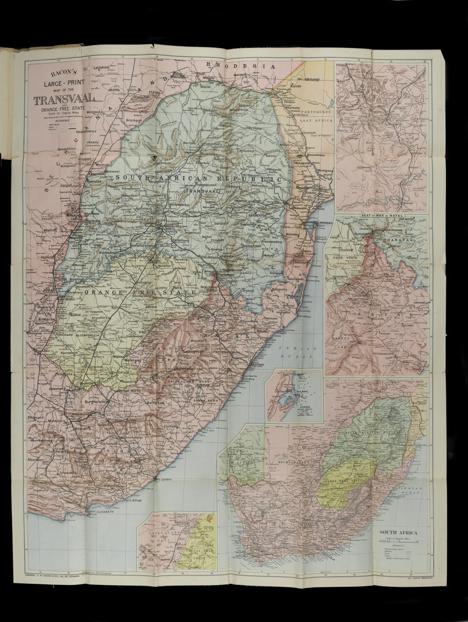 Mapa a gran escala de Bacon del Estado Libre de Orange Transvaal y Natal con extensión al sur hasta Port Elizabeth, Sudáfrica de English School