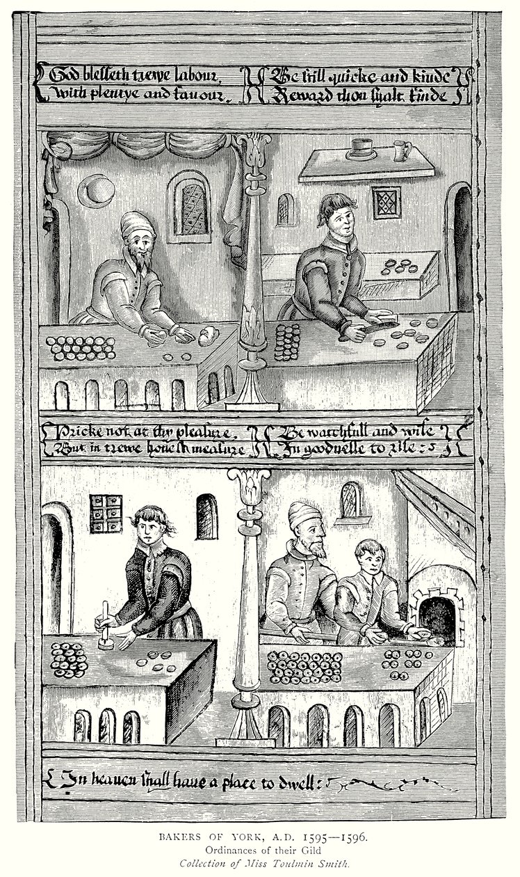 Panaderos de York, 1595-1596 d.C. Ordenanzas de su Gremio (grabado) de English School