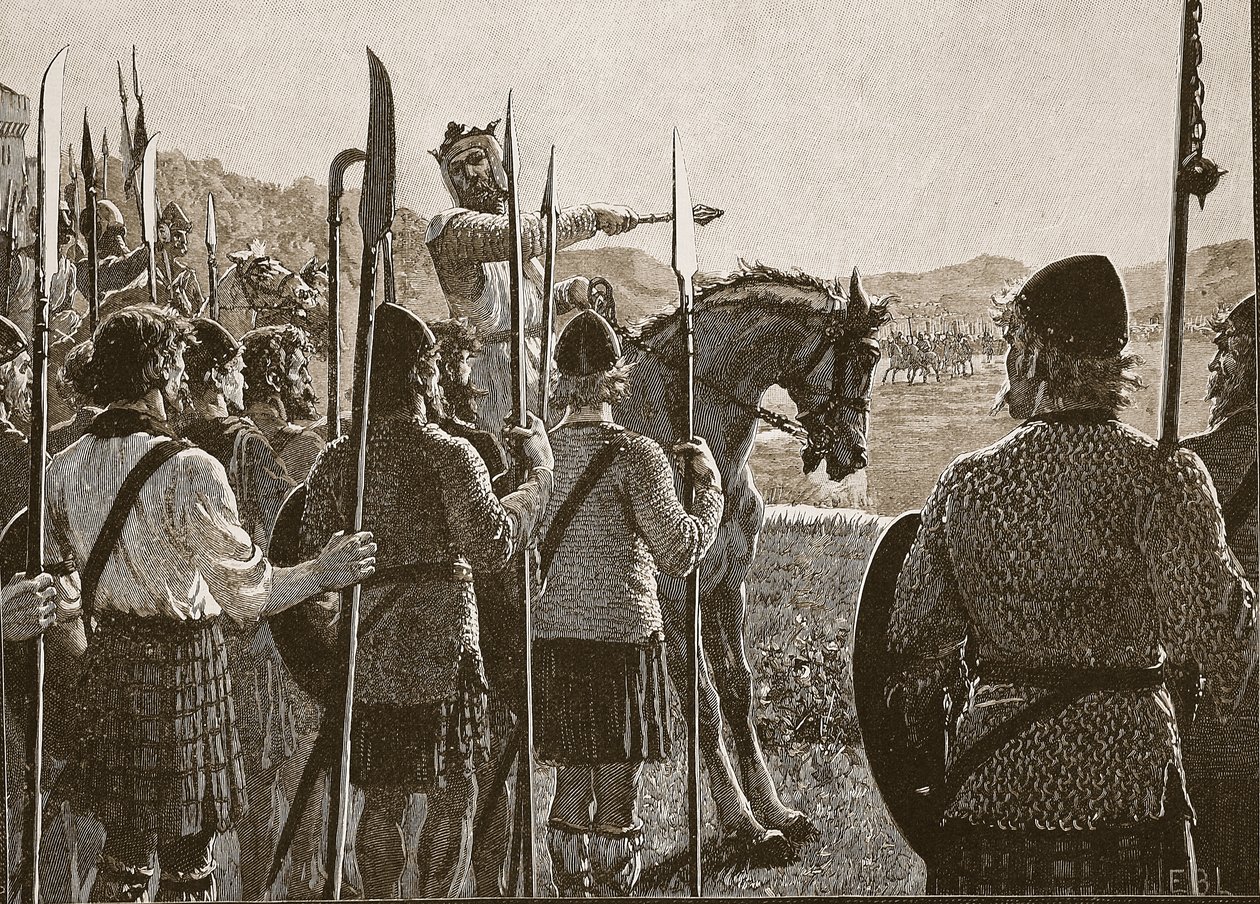 Bannockburn: Bruce revisando sus tropas antes de la batalla, ilustración de Cassells Illustrated History of England de English School