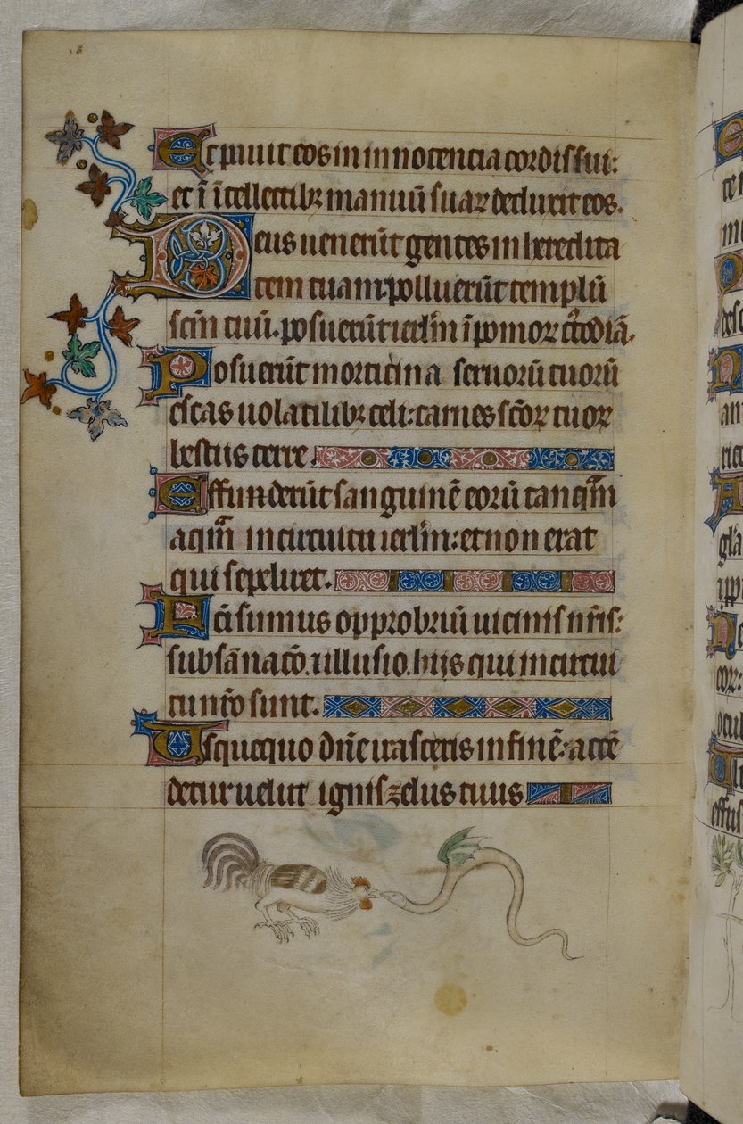 Escena en página baja de un gallo y una serpiente alada luchando, con la inicial "D"(eus) decorada, Salterio ("The Queen Mary Psalter"), Royal MS 2 B VII, f.187v, c.1310-20 (vitela) de English School