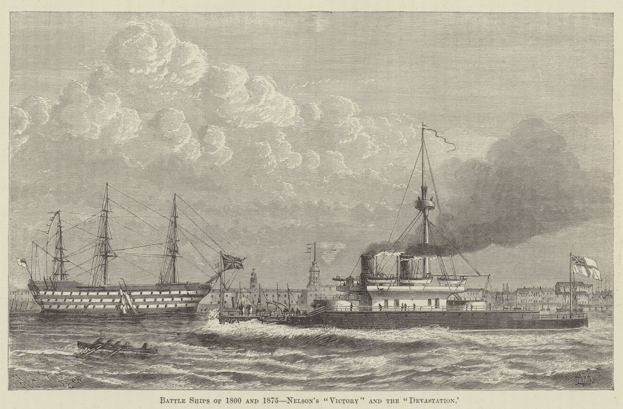 Buques de combate de 1800 y 1875, el "Victory" y el "Devastation" de Nelson (grabado) de English School