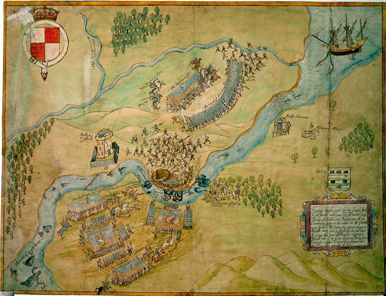 Batalla de Erne Ford en 1593 (pluma y tinta con aguada sobre papel) de English School