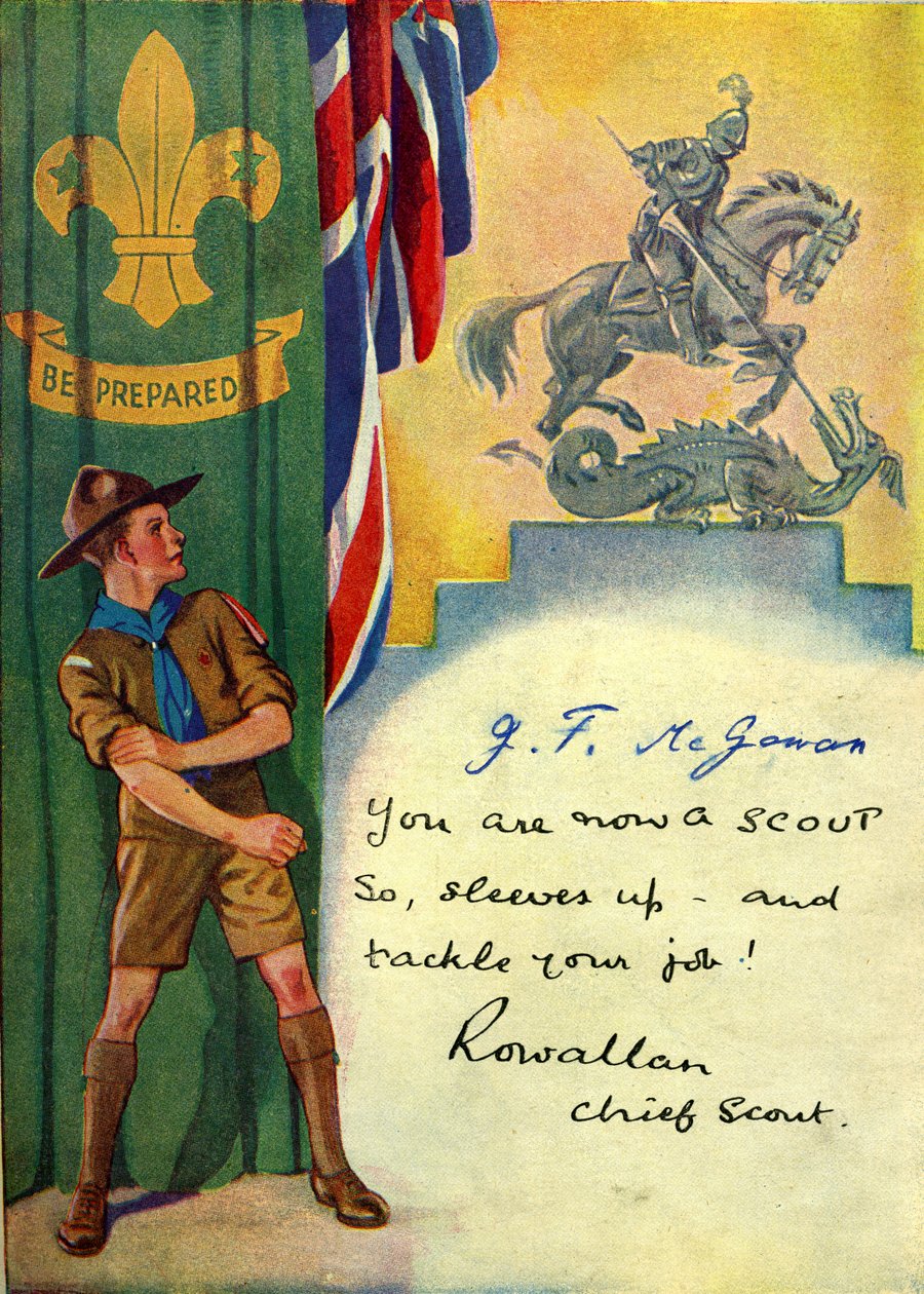 Estar preparado, tarjeta de inscripción de Boy Scout, 1947 de English School