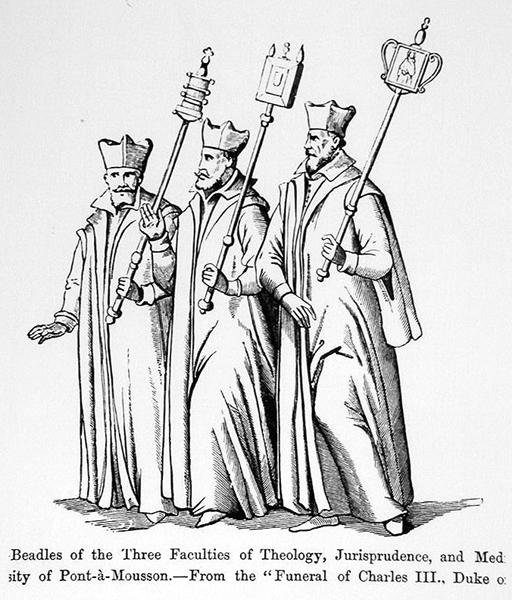 Bedeles de las Tres Facultades de Teología, Jurisprudencia y Medicina, del Funeral de Carlos III (1543-1608) Duque de Lorena, ilustración de Ciencia y Literatura en la Edad Media y el Renacimiento, escrita y grabada por Paul Lacroix de English School