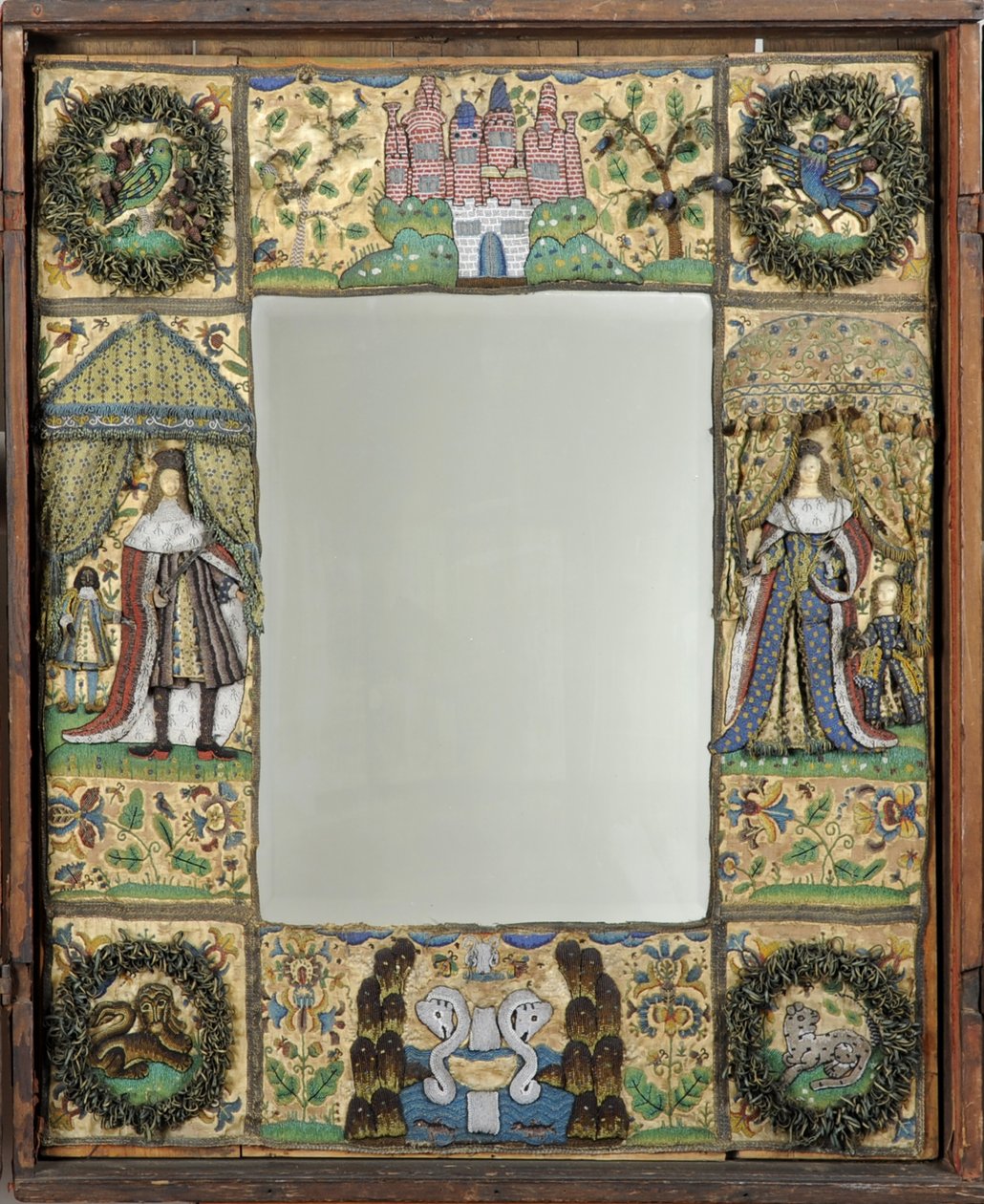 Espejo de abalorios, c. 1672-79 (hilos de seda, metal y cuero con cuentas de vidrio y lentejuelas sobre fondo de seda-satinado revestido de roble) de English School