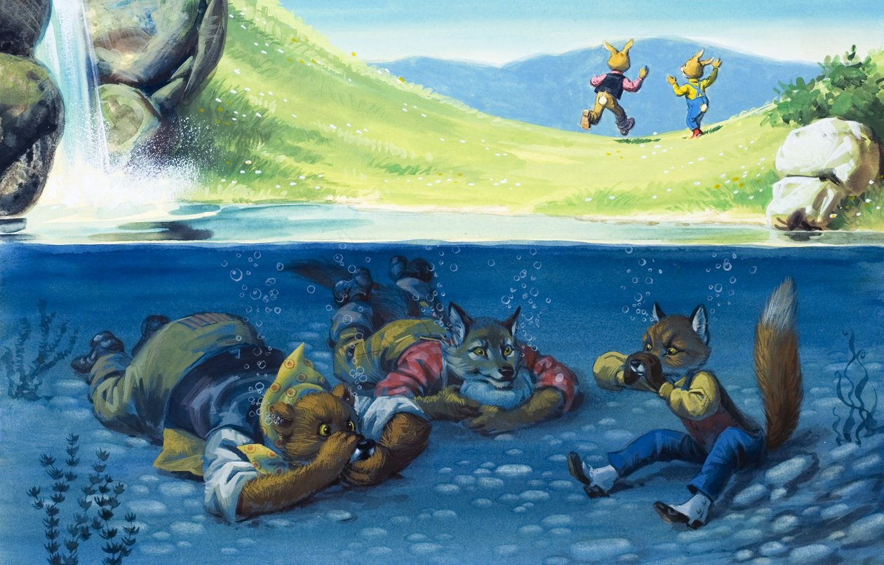Oso, lobo y zorro escondidos bajo el agua (gouache sobre papel) de English School