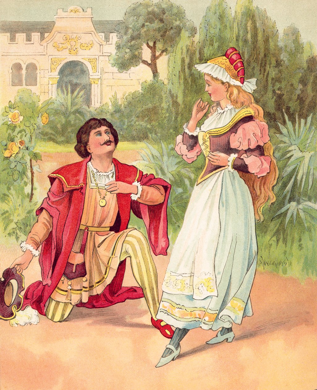 La Bella y la Bestia, aquí transformada en un apuesto Príncipe (litografía en color) de English School