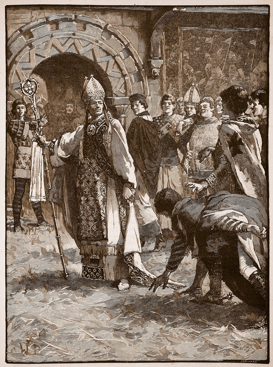 Becket ante sus enemigos en el Salón del Consejo en Northampton, ilustración de Cassells Illustrated History of England de English School