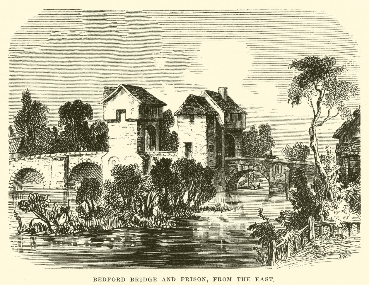 Puente y prisión de Bedford; desde el este (grabado) de English School