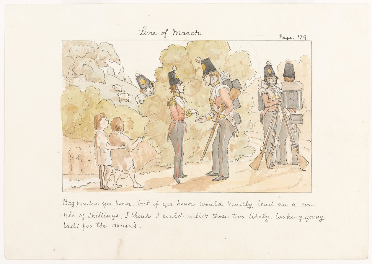 Perdóneme su honor, pero si su honor me prestara un par de chelines creo que podría alistar a esos dos jóvenes para los tambores, c.1850 de English School