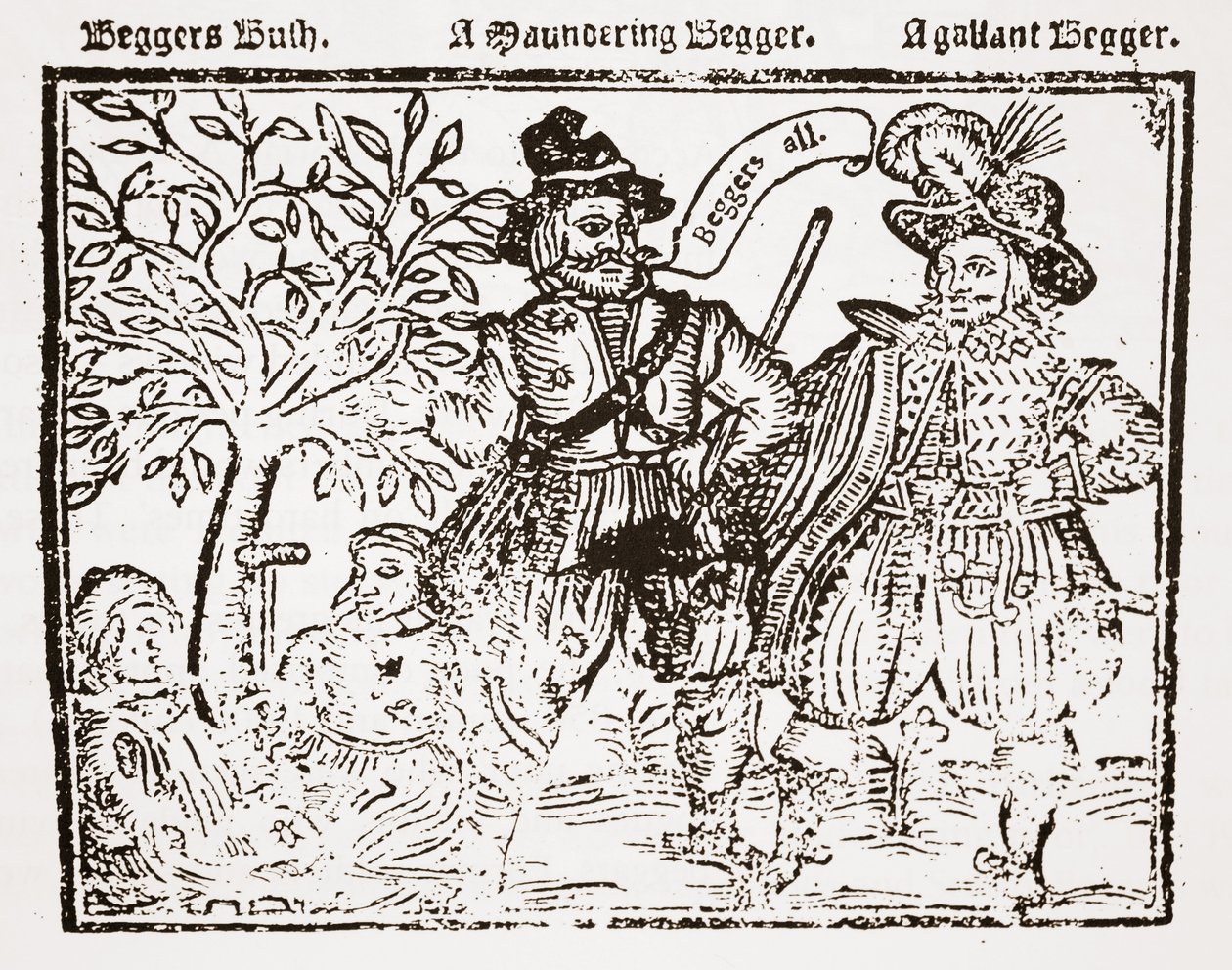 Todos los mendigos: Beggars Bush, un mendigo errante y un mendigo galante, portada de La alabanza, antigüedad y utilidad de la mendicidad, mendigos y mendicidad de English School