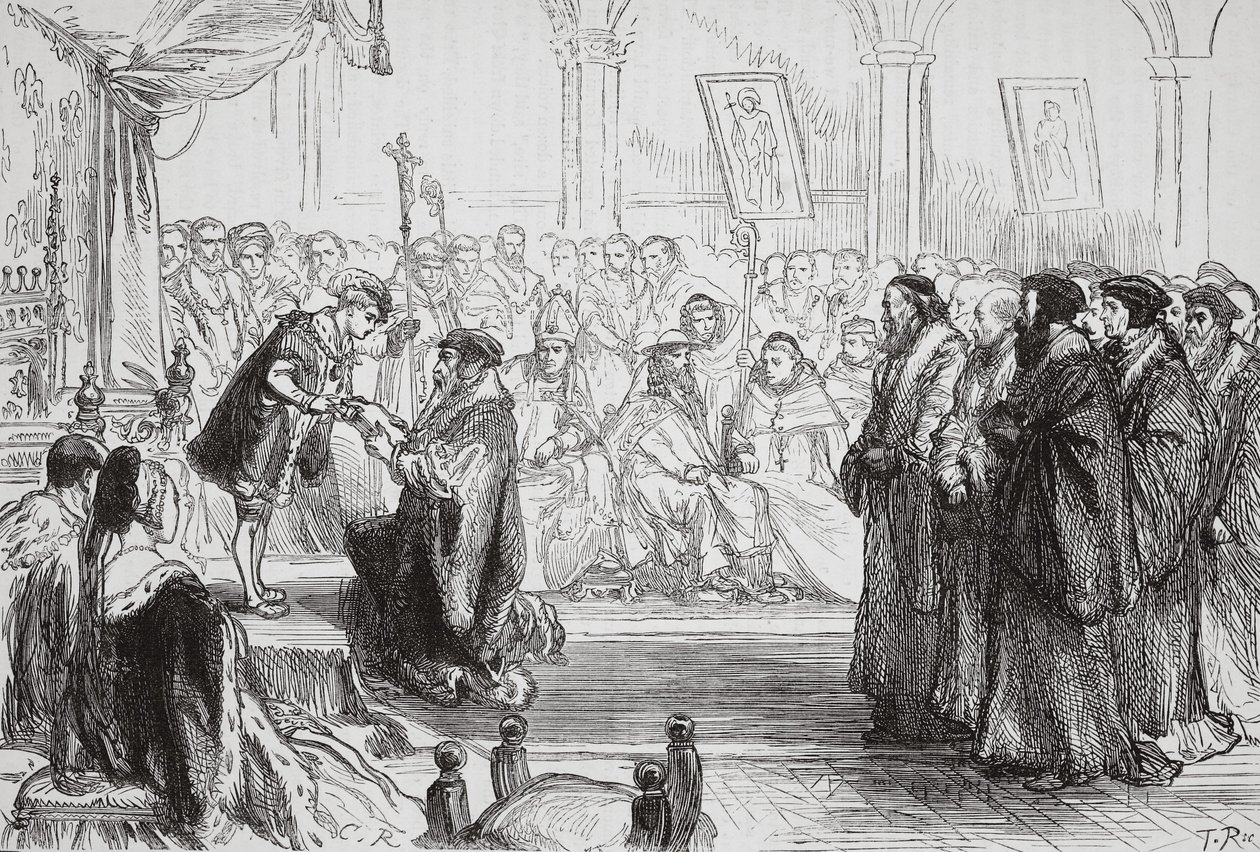 Beza presentando la Confesión de la Iglesia Protestante Francesa al Rey en el Coloquio de Poissy, ilustración de La Historia del Protestantismo de James Aitken Wylie, pub. 1878 de English School