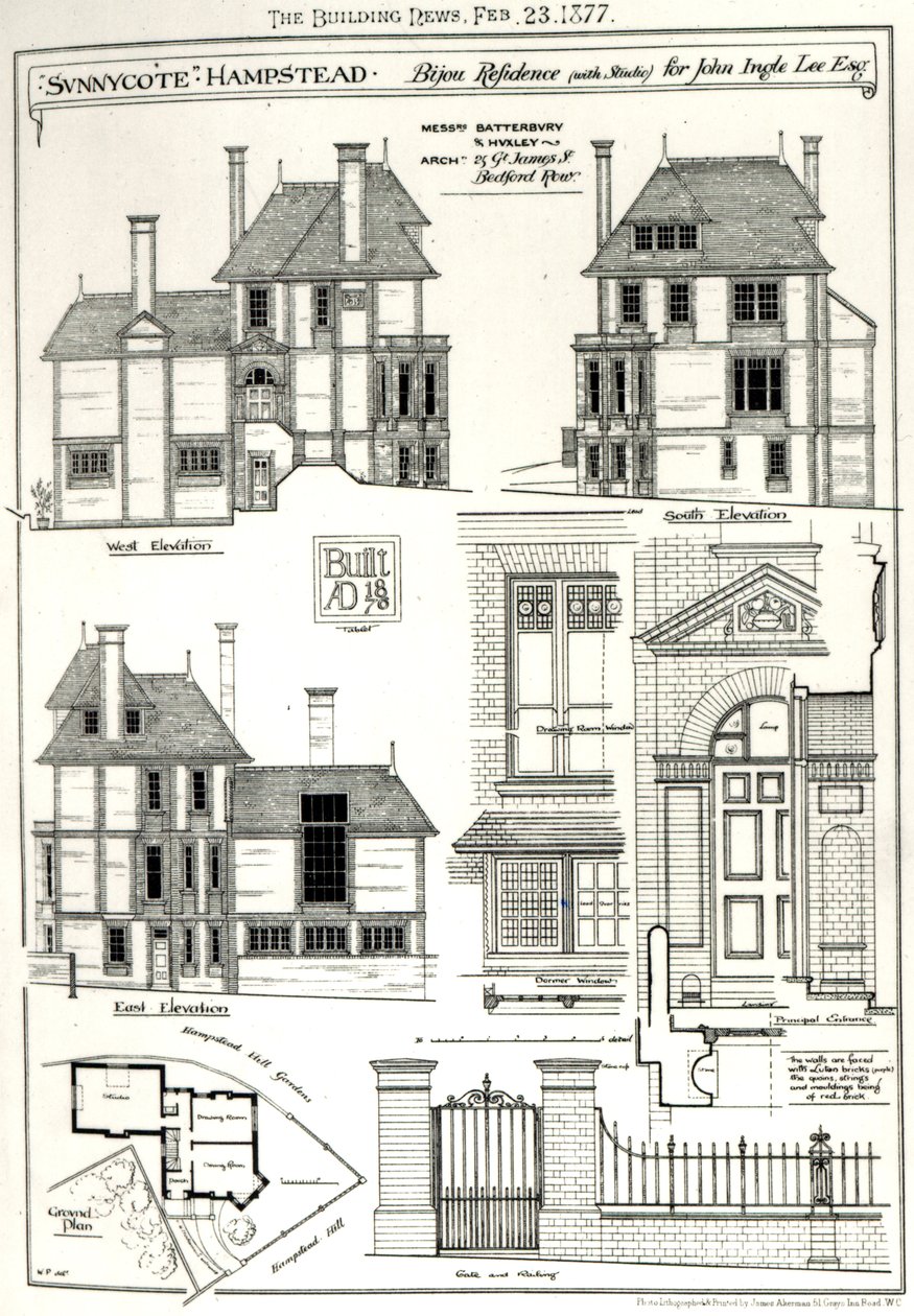 Residencia Bijou Sunnycote, Hampstead, (con estudio) para John Ingle Lee Esq, de The Building News, 23 de febrero de 1877 de English School