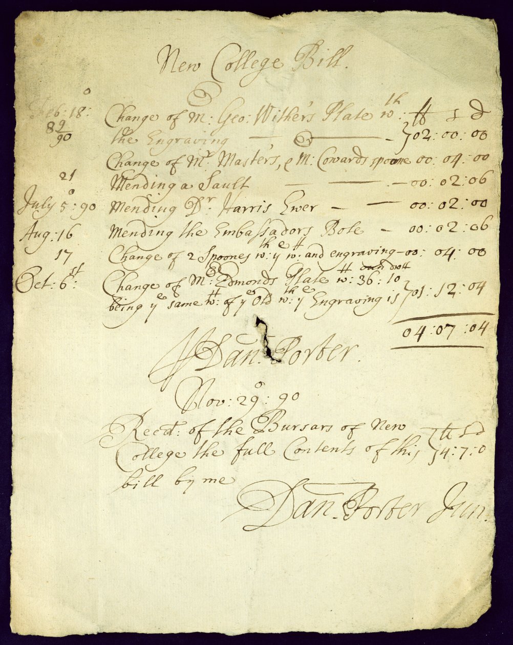 Factura de Daniel Porter a New College, 1690 de English School