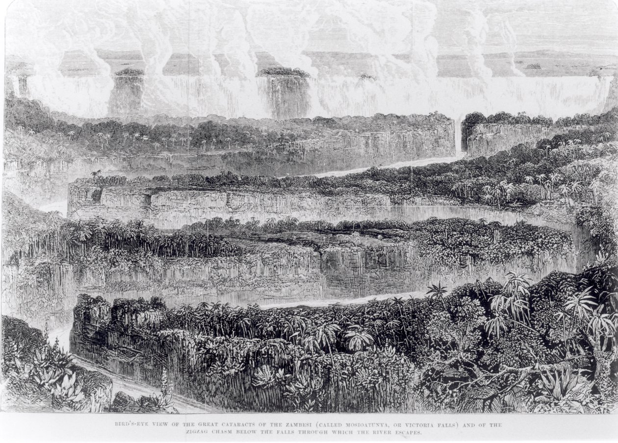 Vista aérea de las Grandes Cataratas del Zambeze (Cataratas Victoria) de Narrativa de una Expedición al Zambeze y sus Afluentes, publicado en 1865 de English School
