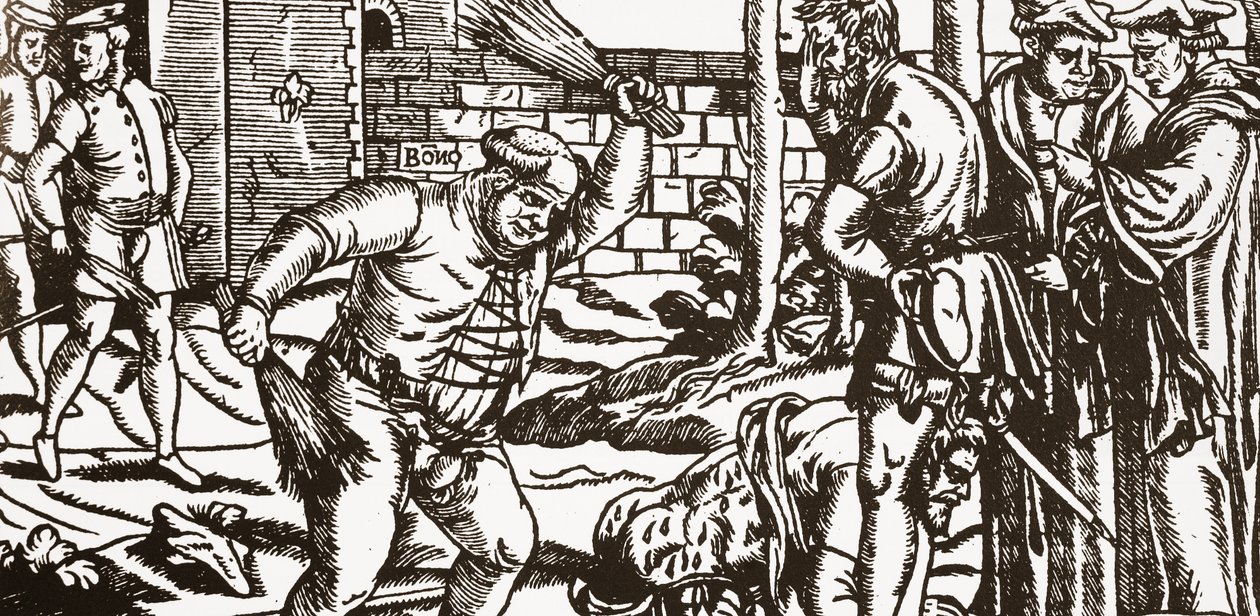 El obispo Bonner golpeando a su prisionero, John Willes, en el huerto de su palacio en Fulham (xilografía) de English School