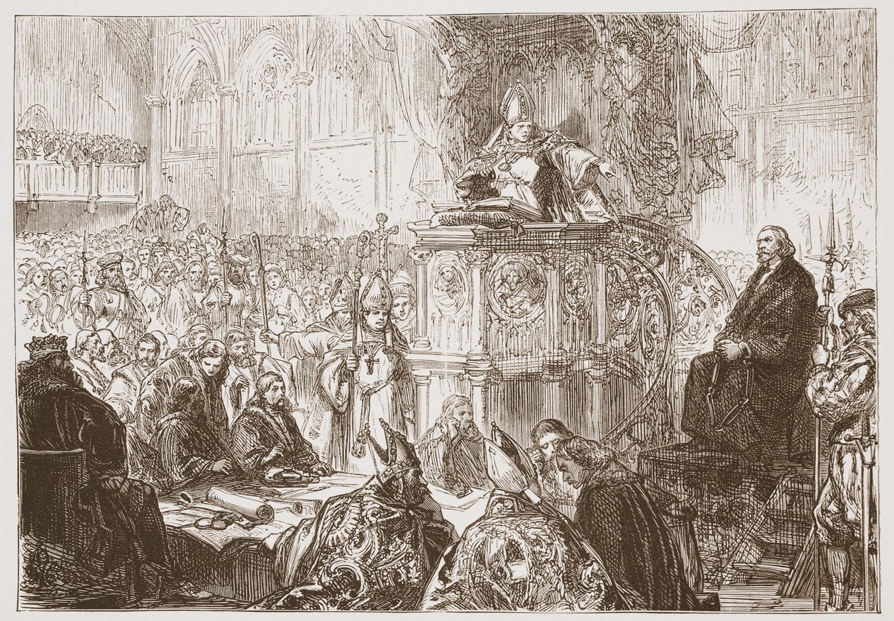 El obispo de Lodi predicando en el juicio de Huss, ilustración de La Historia del Protestantismo por James Aitken Wylie (1808-1890), pub. 1878 de English School