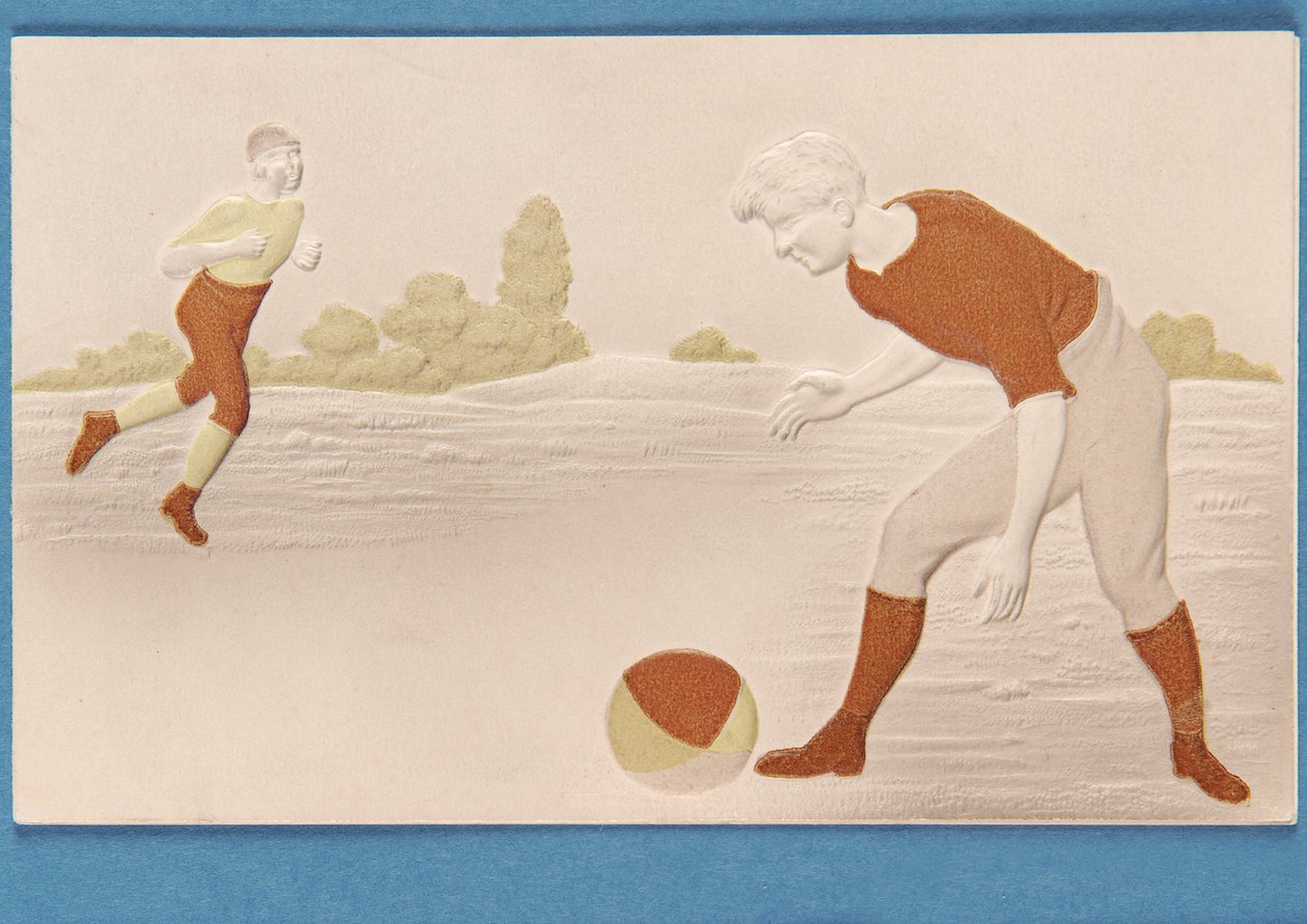 Tarjeta en relieve que muestra a dos futbolistas, c.1880s de English School
