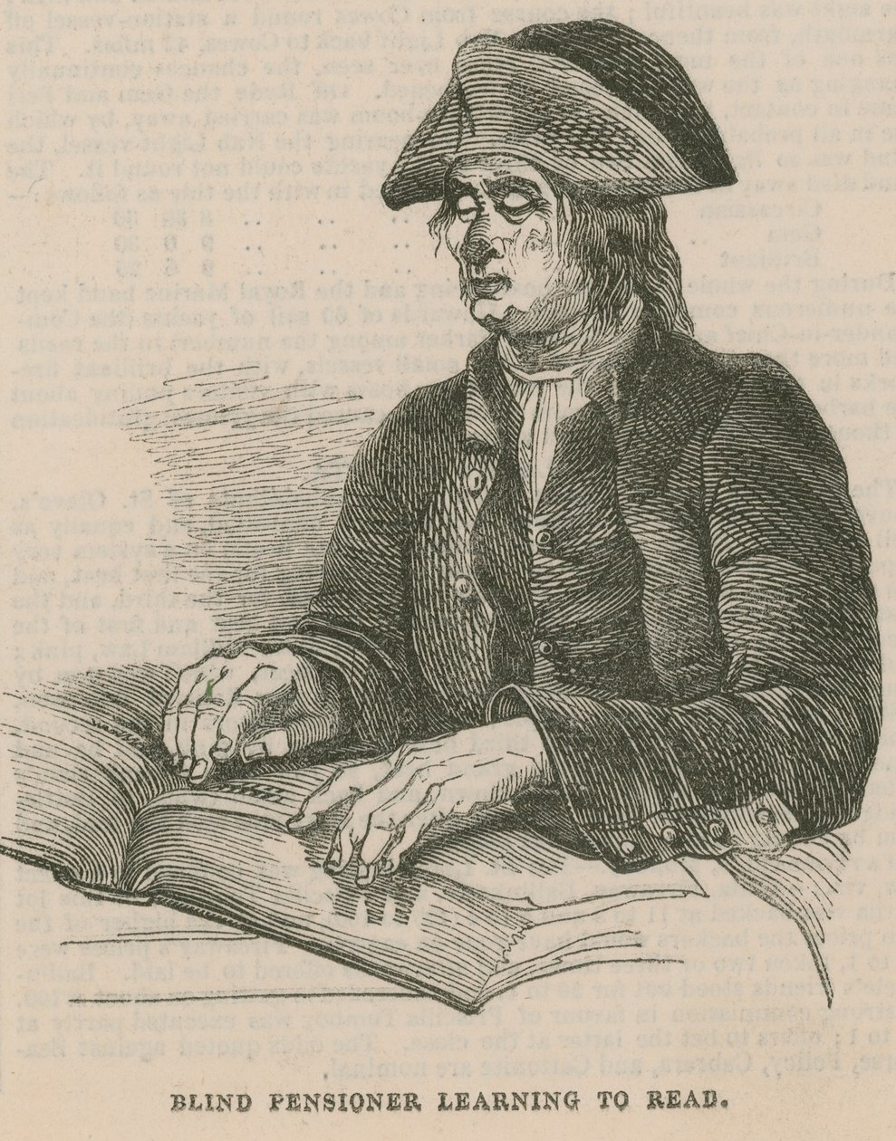 Pensionista ciego aprendiendo a leer (grabado) de English School