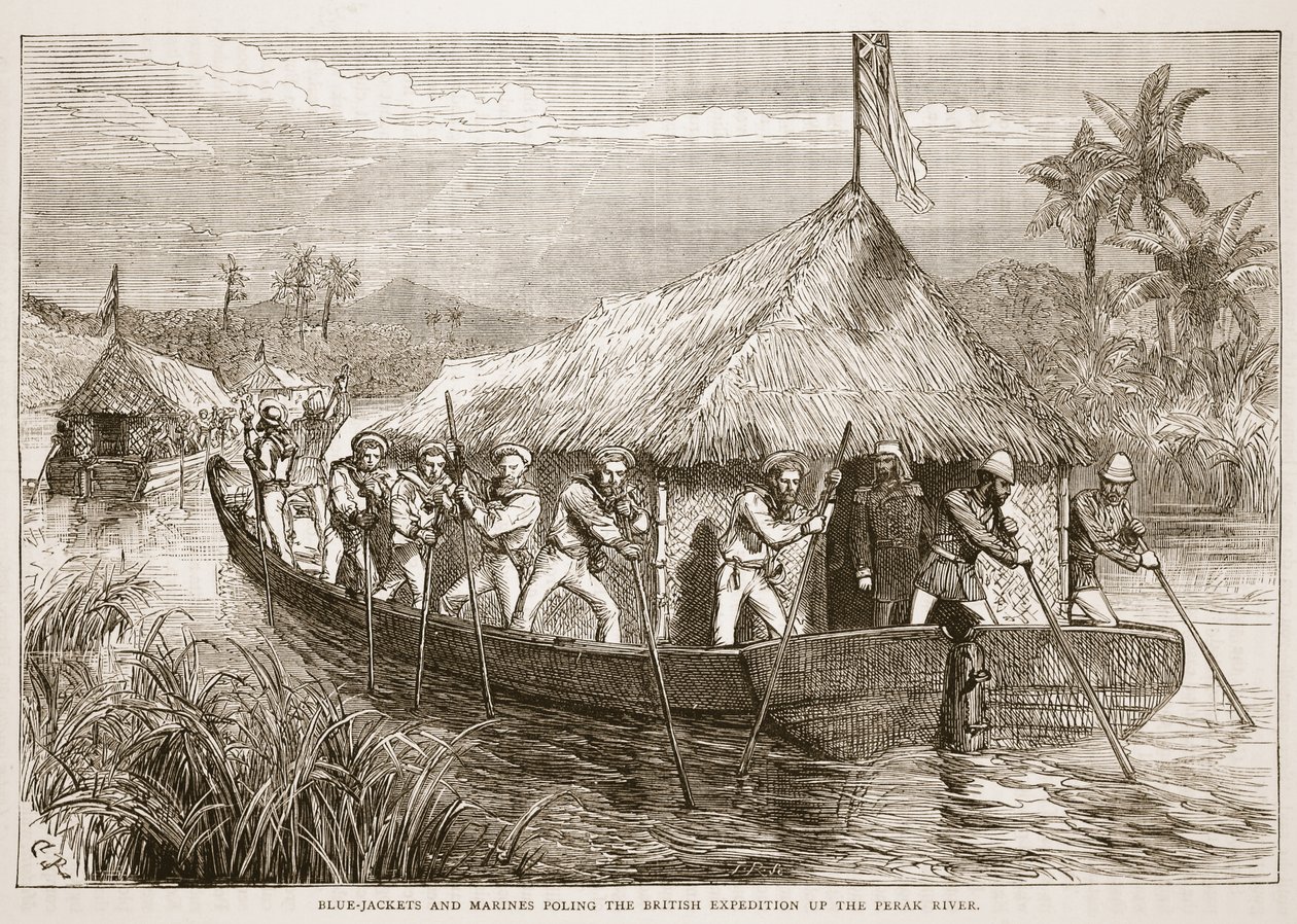 Marineros y marines británicos remando la expedición británica por el río Perak, ilustración de Cassells Illustrated History of England de English School