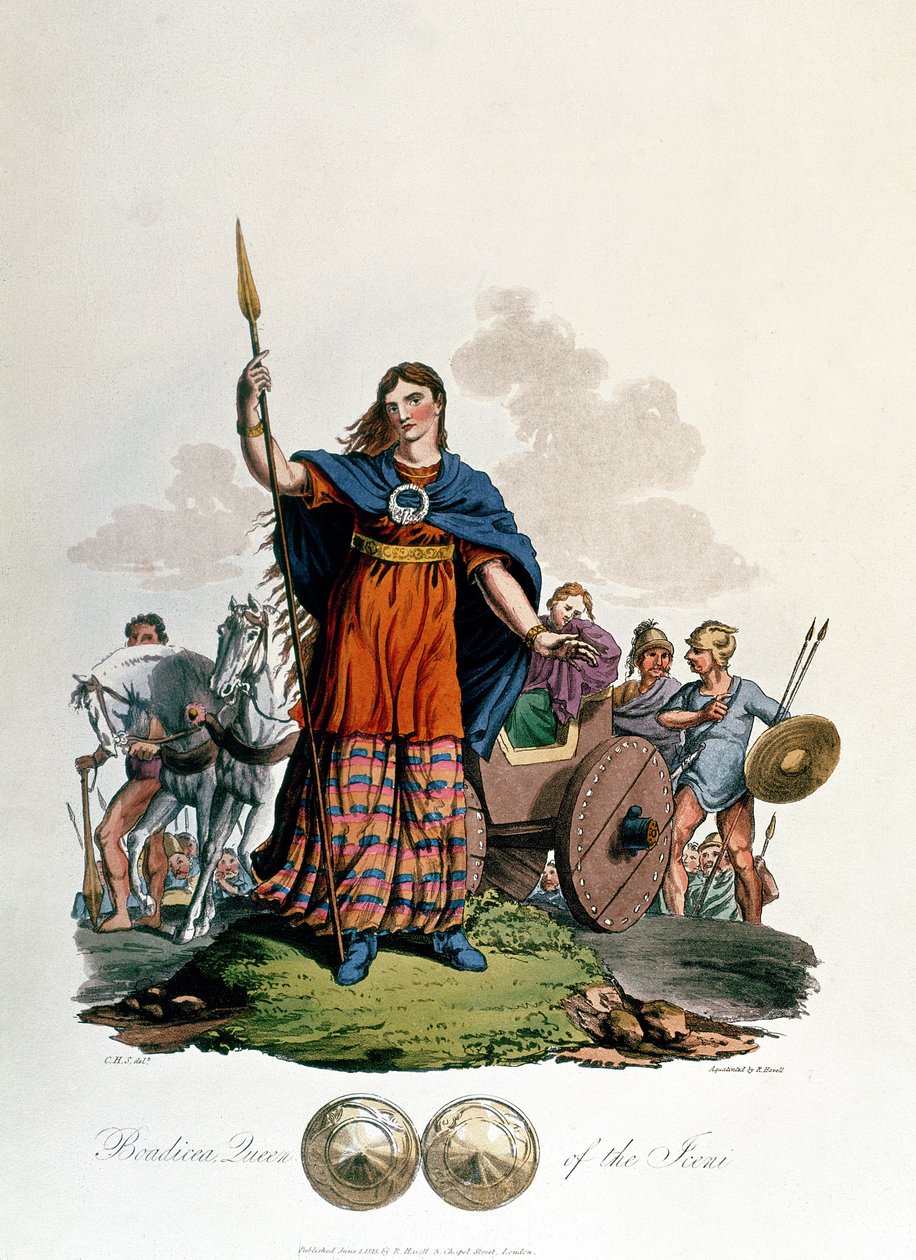 Boudica, Reina de los Icenos, diseñada por C.H.S., grabada por Richard Havell el Viejo, publicada en 1815 de English School