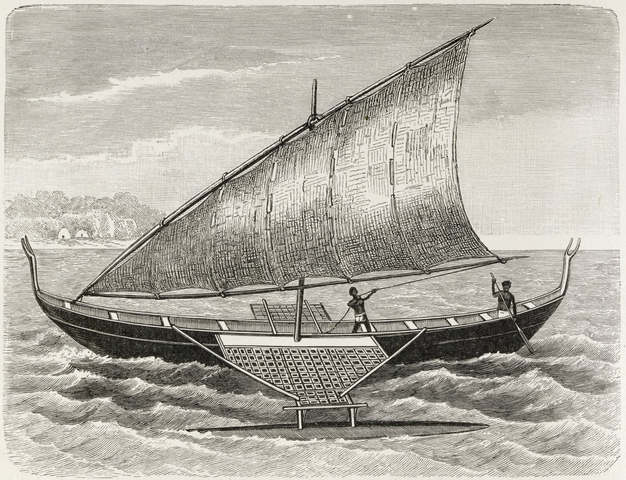Barco de las Islas Mortlock, con balancín y vela de estera de junco, de 