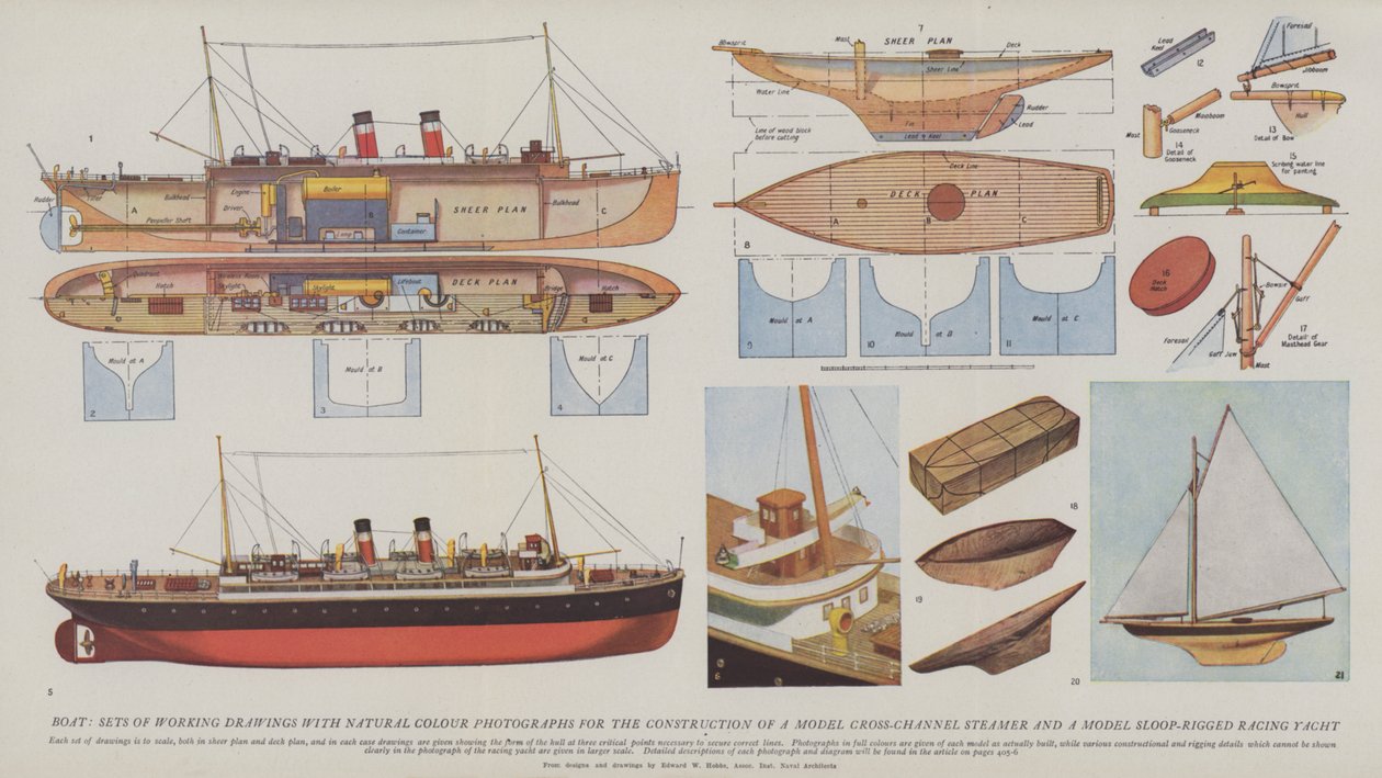 Barco, juegos de dibujos de trabajo con fotografías en color natural para la construcción de un modelo de barco de vapor para cruzar el Canal de la Mancha y un modelo de yate de carreras con aparejo de balandra (litografía en color) de English School