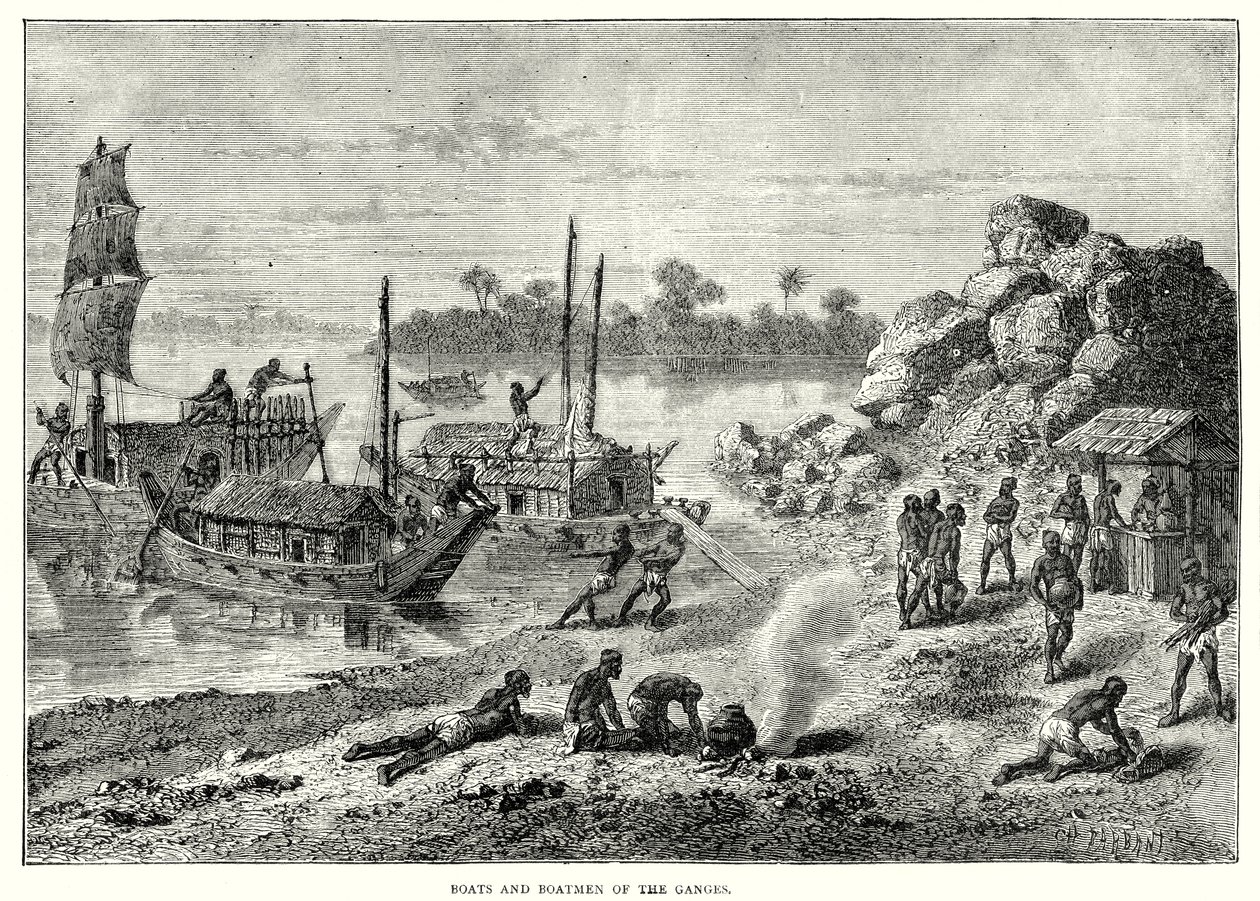 Barcos y barqueros del Ganges (grabado) de English School