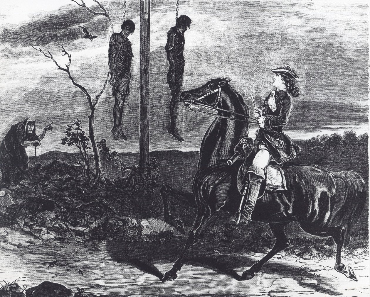 Cuerpos de bandidos ejecutados colgados en jaulas al borde de la carretera como advertencia a otros criminales (litografía) de English School