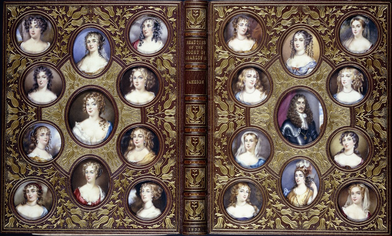 Portada del libro con veintidós miniaturas de retratos de Carlos II y las bellas mujeres de su corte, 1833 de English School
