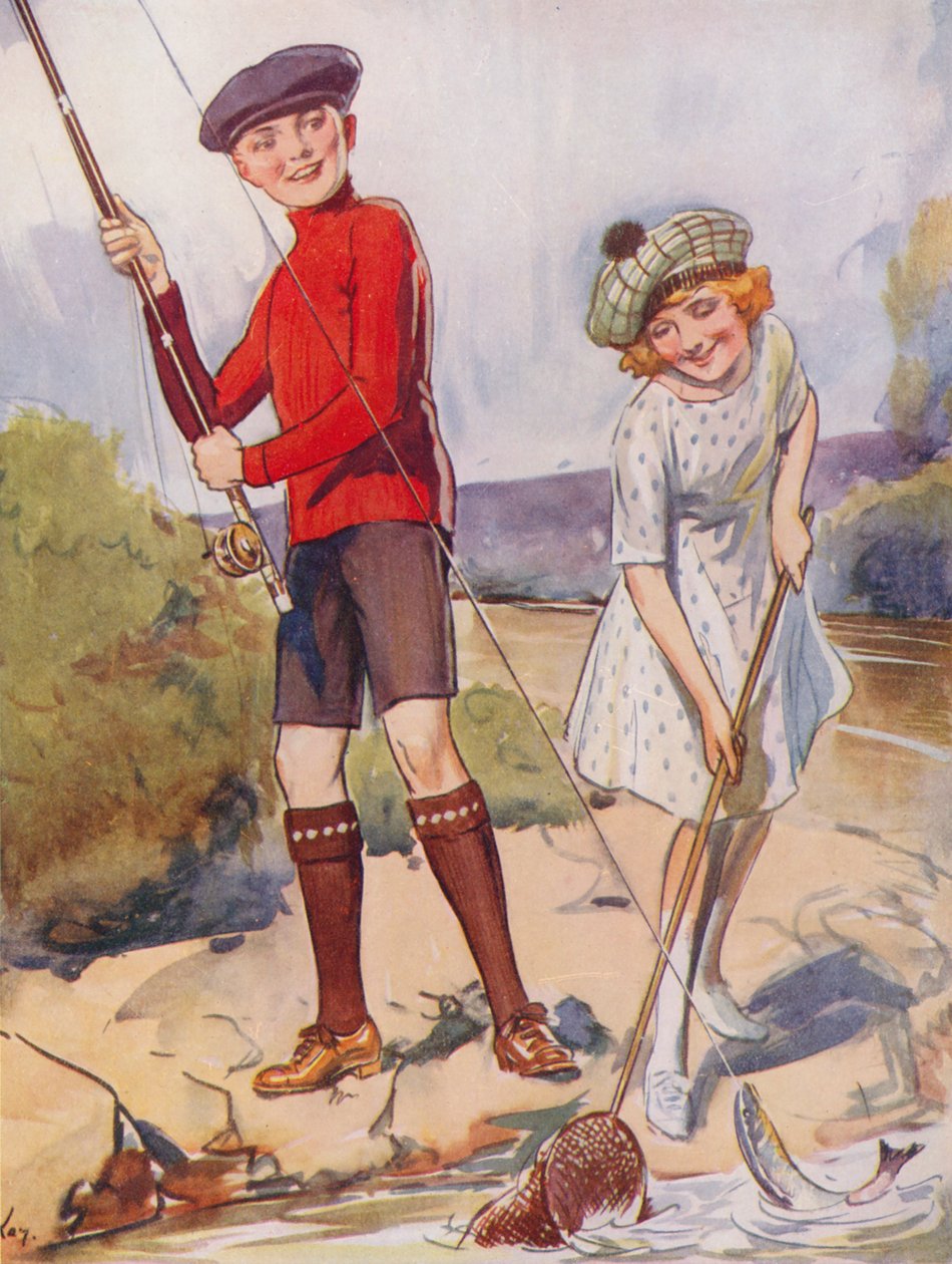 Niño y niña pescando un pez (litografía en color) de English School