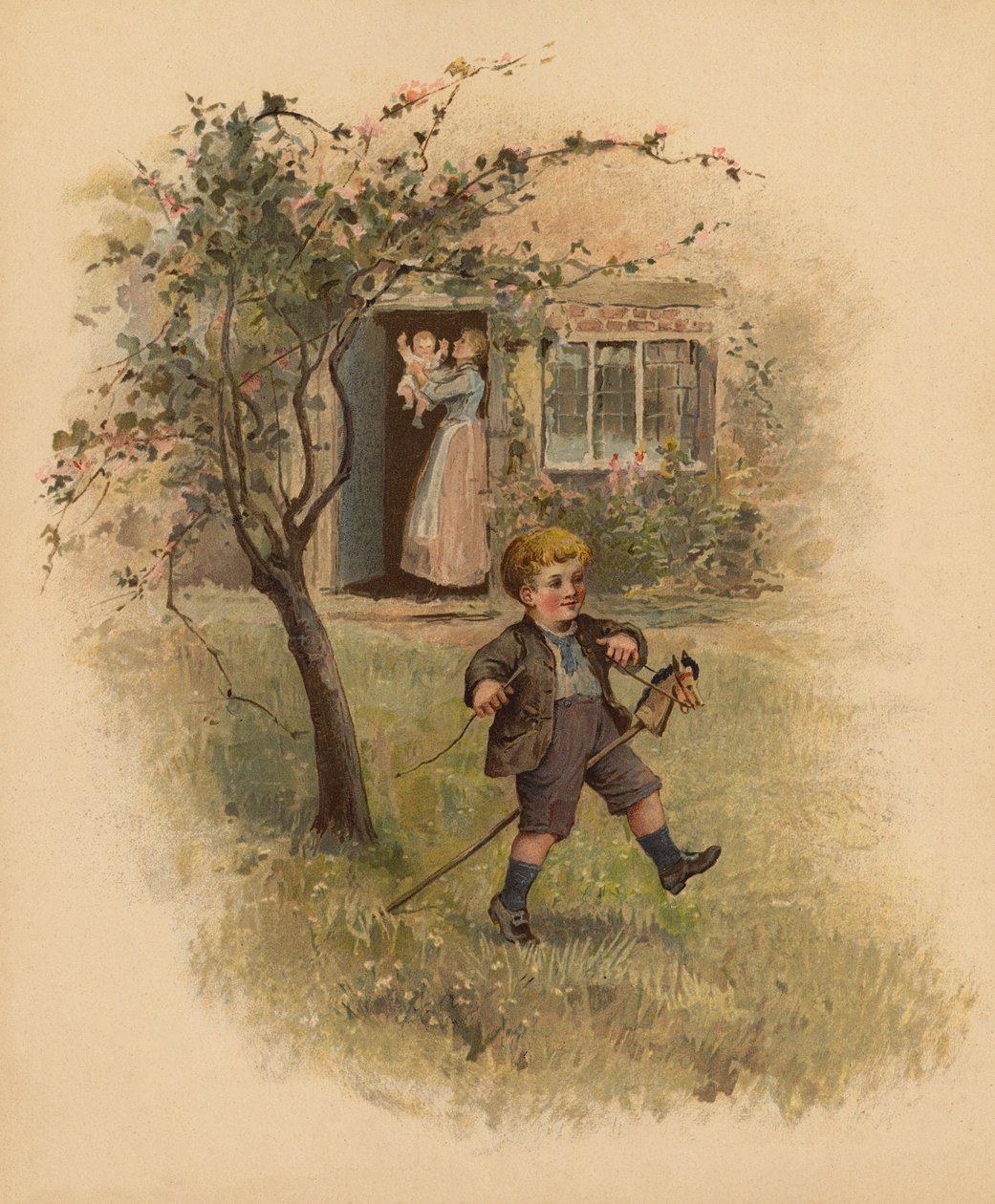 Niño montando a caballo en el jardín (cromolito) de English School